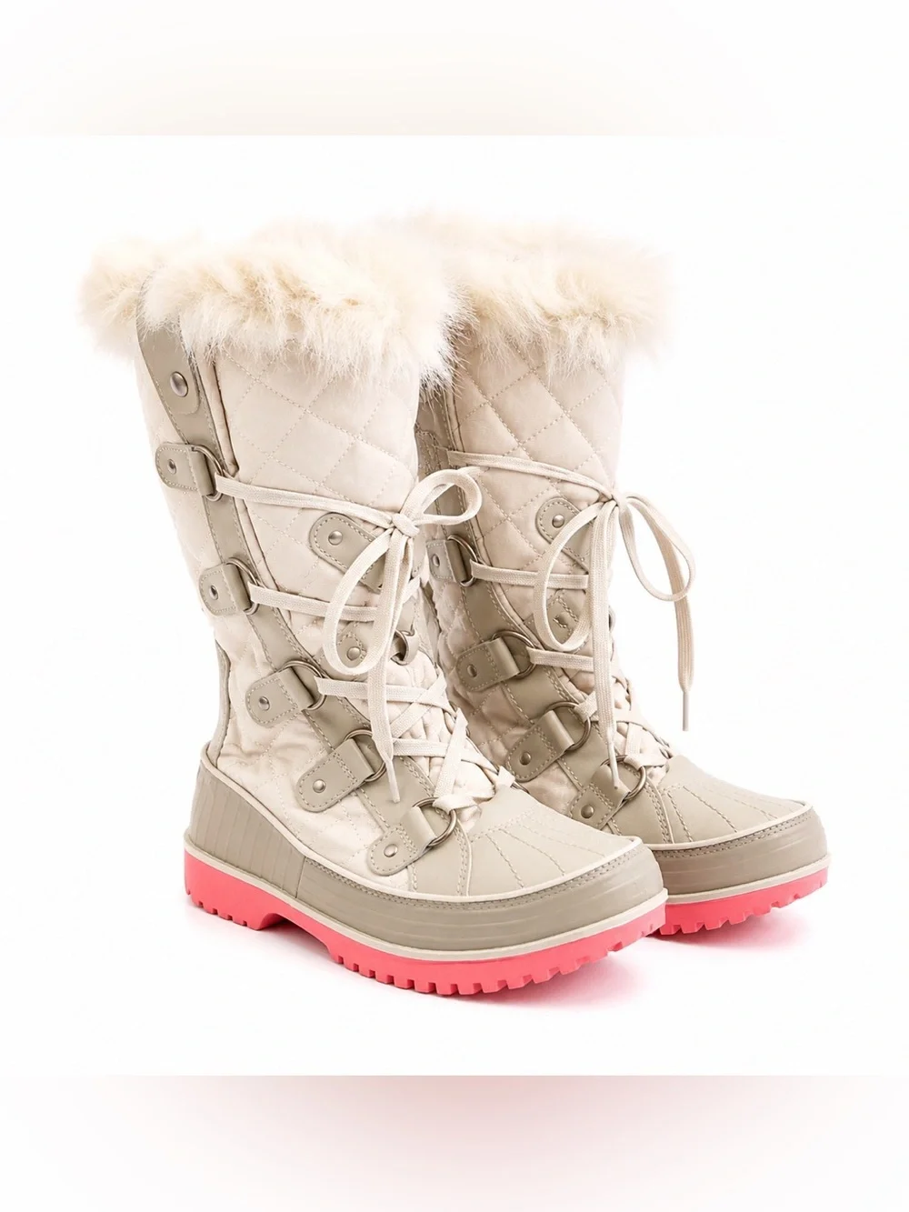 Sorel Tivoli Twist Winter Boots Size 9 Beige Quilted Faux Fur Lace Up Snow Boots